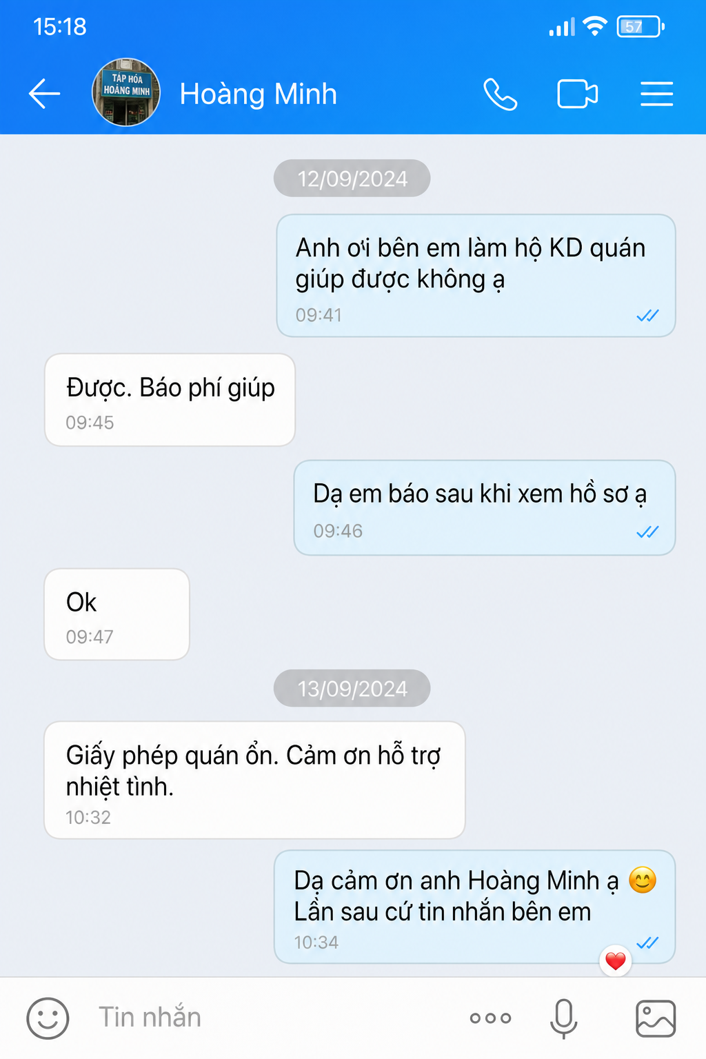 Đánh giá của Hoàng Minh — Giấy phép quán · Zalo
