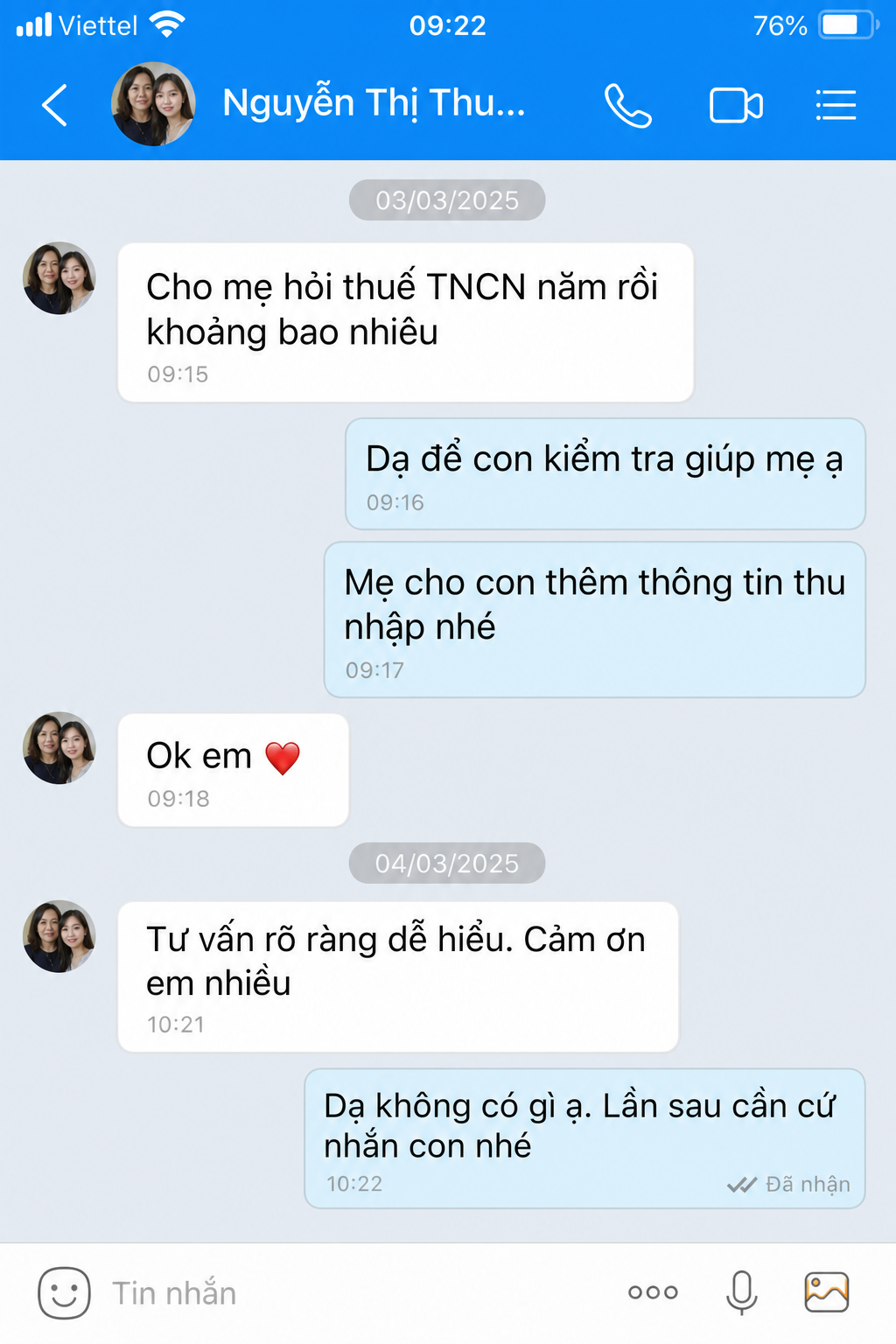 Đánh giá của Nguyễn Thị Thu Hà — Hồ sơ thuế · Zalo